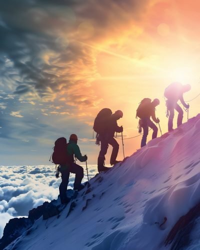 Group of hikers climbing on a mountain during winter in snow